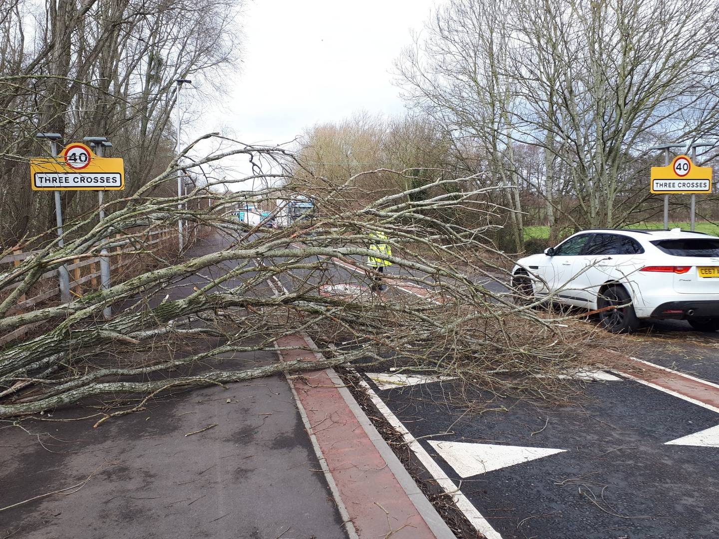 A tree blown on to a road at Three Crosses in Ross-on-Wye. PA