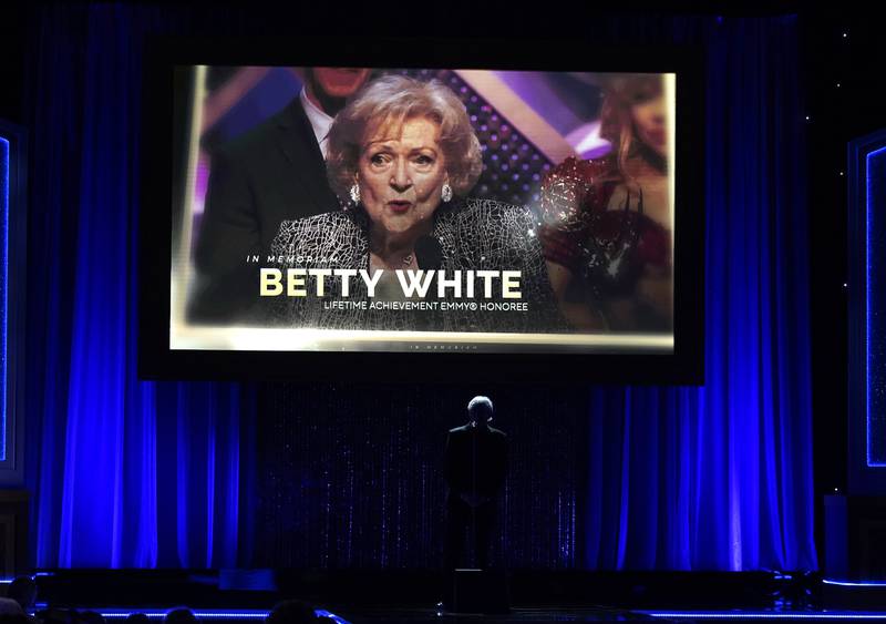 The late actress Betty White appears on screen as Michael Bolton performs a tribute. AP