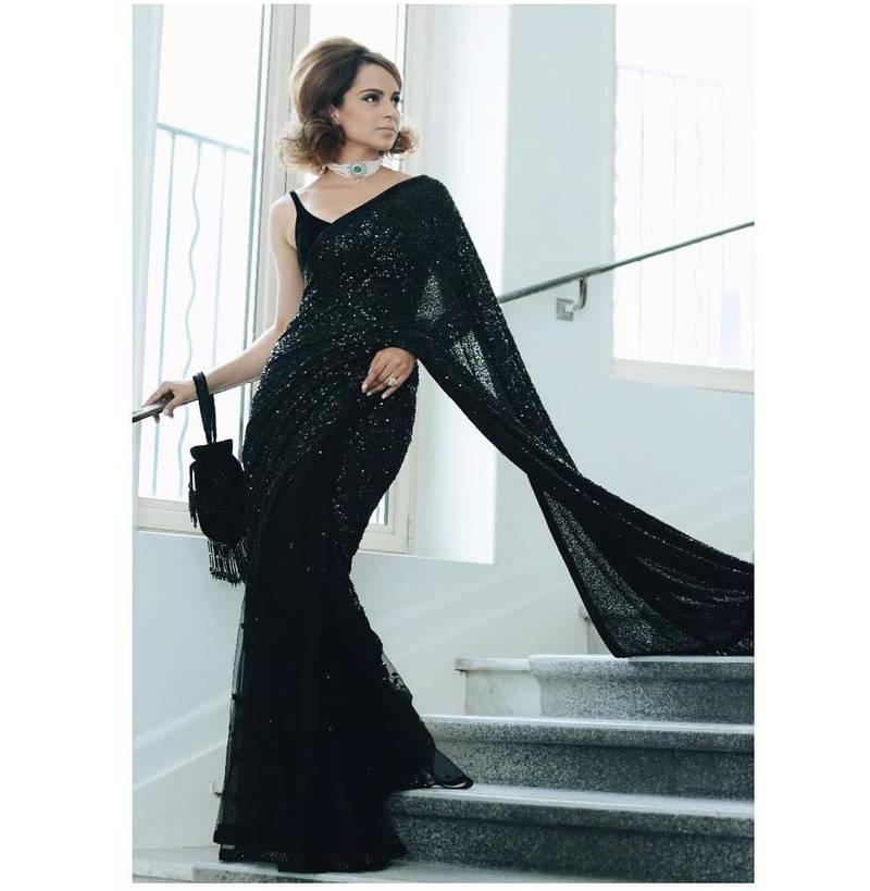 Kangana Ranaut appears at Cannes Film Festival 2018 in a Sabyasachi hand-dyed sari. Photo: Instagram / sabyasachiofficial