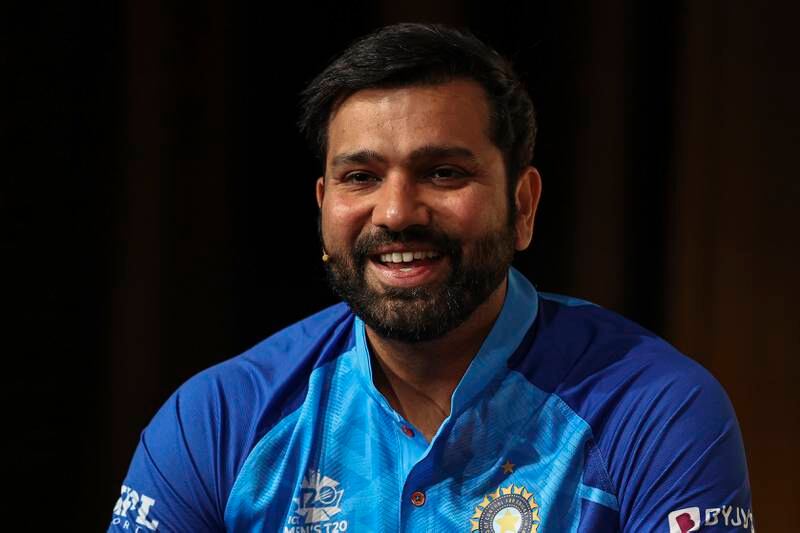 Rohit Sharma talks to the media in Melbourne. Getty