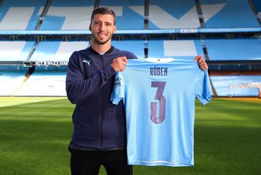MANCHESTER, ENGLAND - SEPTEMBER 29: Manchester City unveil new signing RÃºben Dias at the Etihad Stadium on September 29, 2020 in Manchester, England. (Photo by Matt McNulty - Manchester City/Manchester City FC via Getty Images)