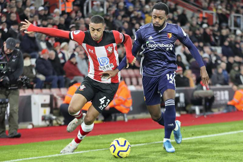 Southampton defender Yan Valery battles with Watford midfielder Nathaniel Chalobah during the Premier League match between Southampton and Watford at St Mary's Stadium, Southampton on Saturday 30th November 2019. (Photo by Jon Bromley/MI News/NurPhoto via Getty Images)