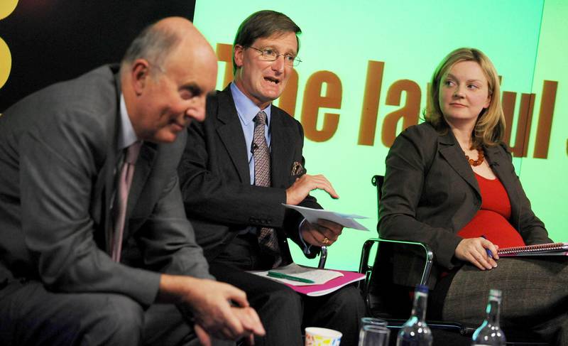 The former Conservative Shadow Home Secretary, Dominic Grieve, centre, speaking at the launch Reform's Lawful Society report on the nature of crime and the incentives in the criminal justice system while Ms Truss looks on, in September 2008. PA