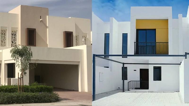 Mira Oasis, left, and Ghoroob, right, both have homes for rent at under Dh100,000 per year. 