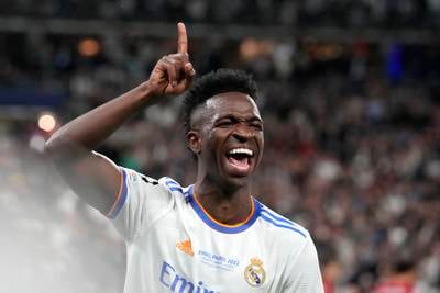 Real Madrid's Vinicius Junior celebrates after scoring the only goal of the Champions League final against Liverpool. AP