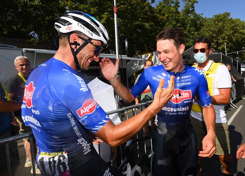 Alpecin-Deceuninck's Jasper Philipsen celebrates after winning Stage 15. Reuters
