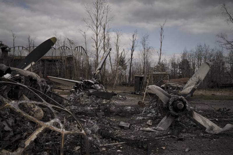 Parts of a destroyed aircraft at the Antonov airport in Hostomel, outskirts of Kyiv. AP