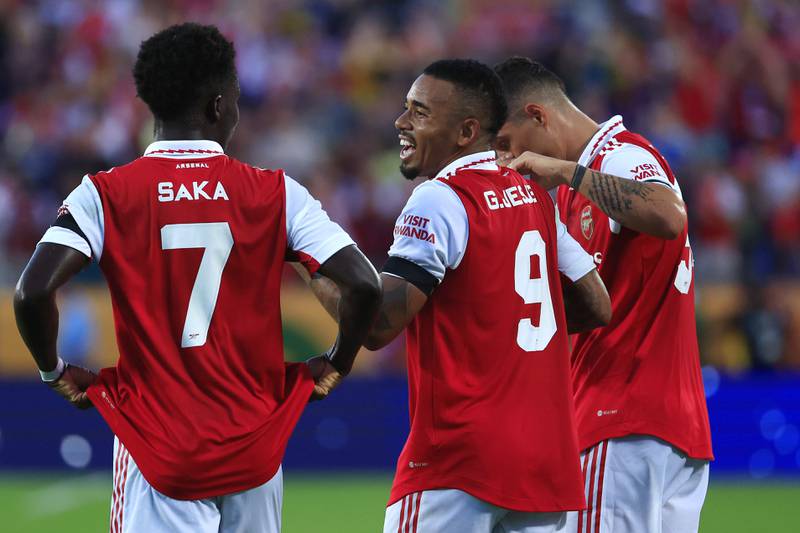 Gabriel Jesus of Arsenal celebrates with Bukayo Saka and Granit Xhaka after scoring Arsenal's first goal during the Florida Cup match against Chelsea at Camping World Stadium on July 23, 2022 in Orlando, Florida. Getty
