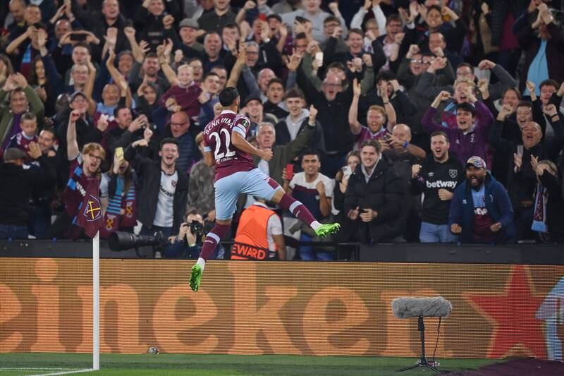 West Ham's Said Benrahma celebrates after scoring the first goal during the 2-1 Europa Conference League win against Anderlecht at London Stadium on October 13, 2022. Getty