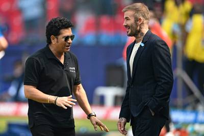India batting great Sachin Tendulkar with English football star David Beckham at the Wankhede Stadium in Mumbai. AFP