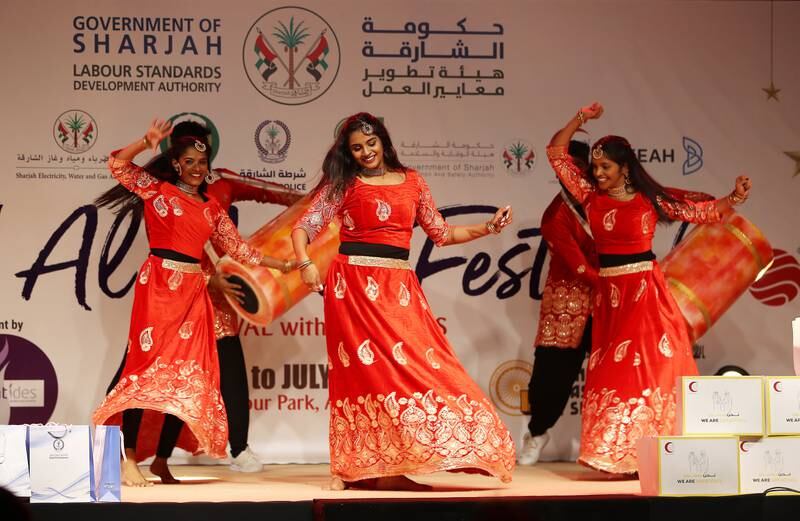 Artists performing during the Eid Al Adha festival held at Al Sajaa Labour Park in Sharjah. All photos: Pawan Singh / The National
