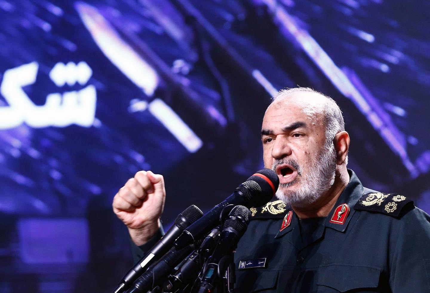 epa07858484 Iran's Revolutionary Guard Corps (IRGC) chief commander Hossein Salami speaks during a ceremony at the Tehran's defense museum, in Tehran, Iran, 21 September 2019.  EPA/ABEDIN TAHERKENAREH