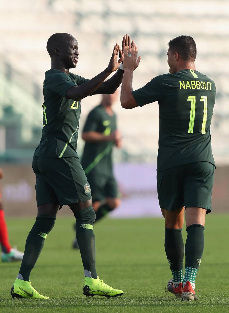 Awer Mabil and Andrew Nabbout of Australia celebrate during the international friendly match against Oman at Maktoum Bin Rashid Al Maktoum Stadium in Dubai on Sunday. Australia won the match 5-0 as part of their 2019 Asian Cup preparations. The tournament is being held in the UAE from January 5-February 1. Getty Images