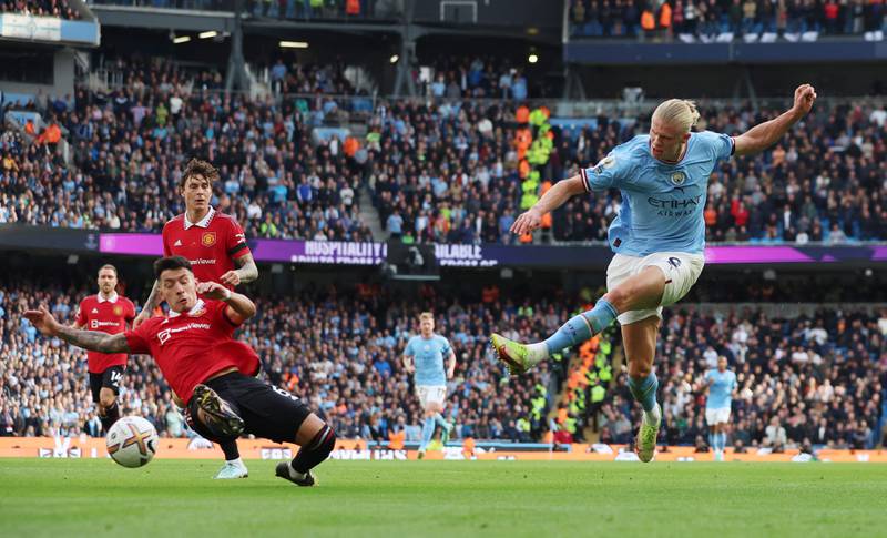 Manchester City's Erling Haaland scores their fifth goal and completes his hat-trick. Reuters