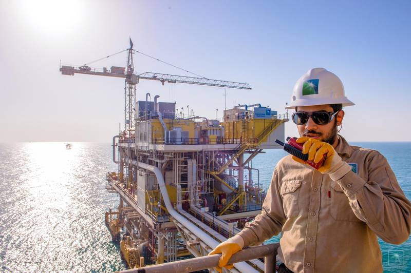 epa08046261 A undated handout photo made available by Saudi Arabian oil company Saudi Aramco on 05 December 2019, showing a Saudi Aramco worker at the Tanajib facility, Saudi Arabia. Tanajib is an oil complex located on the coast of the Arabian Gulf, some 200 km north of Dammam. Saudi Aramco that is due to go public at the Tadawul stock exchange in Riyadh, Saudi Arabia, in mid-December, is expected to announce the final price for its initial public offering on 05 December 2019. The IPO could become world's biggest initial public offering ever if it exceeds the 2014 IPO of Alibaba that raised 25 billion USD.  EPA/SAUDI ARAMCO HANDOUT  HANDOUT EDITORIAL USE ONLY/NO SALES