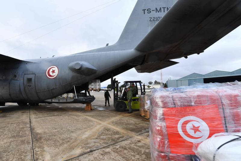 A plane in Tunis is loaded with aid supplies for the earthquake zone, as Tunisia has reinstated diplomatic ties with Syria. AFP