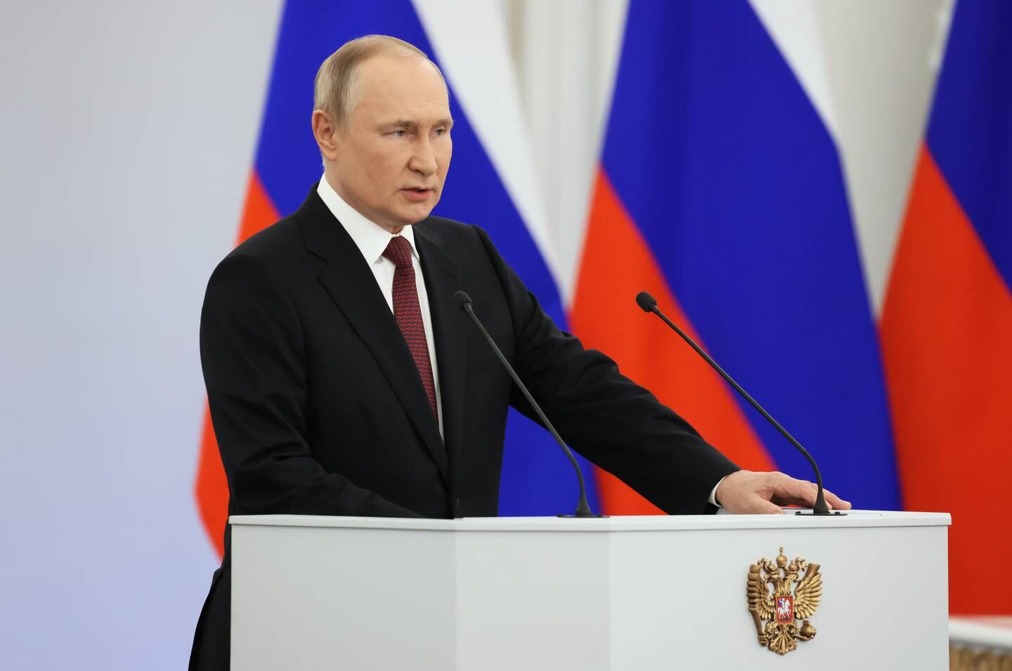 Russian President Vladimir Putin accused the West during a speech at the Kremlin. EPA.