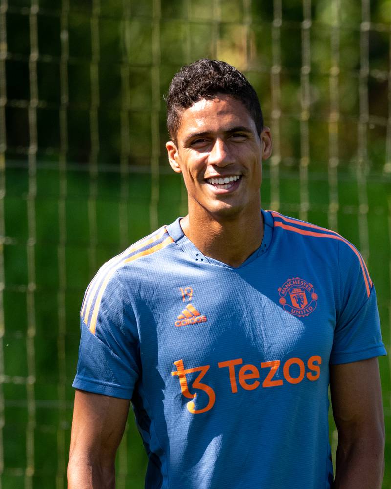 Raphael Varane of Manchester United in action during a first team training session at Carrington Training Ground in Manchester, England.