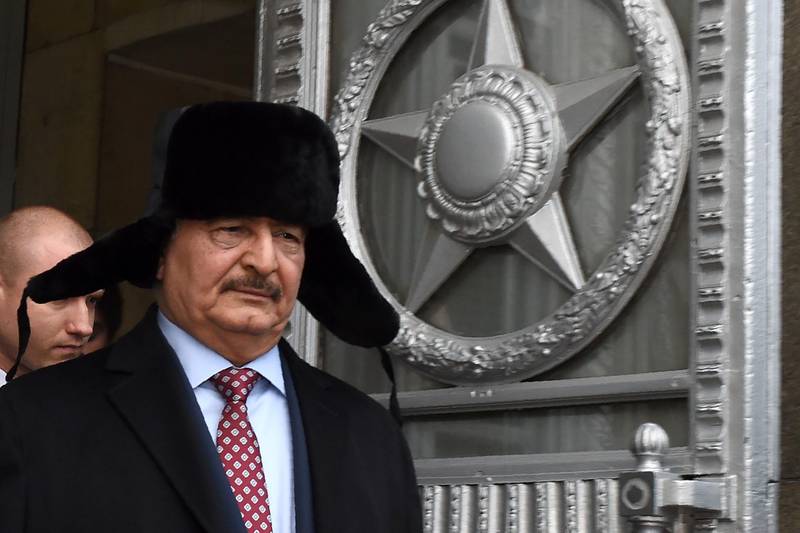 (FILES) In this file photo taken on November 29, 2016 Libyan Marshal Khalifa Haftar, chief of the so-called Libyan National Army,  leaves the main building of Russia's Foreign Ministry after a meeting with Russian Minister of Foreign Affairs in Moscow. Russia has said it is not taking sides in the fighting in Libya but behind the scenes, experts say, Moscow is firmly backing strongman Khalifa Haftar. Haftar, whose forces launched a surprise assault on the capital Tripoli last week, has visited Moscow several times, met with senior officials and even speaks some Russian. / AFP / Vasily MAXIMOV
