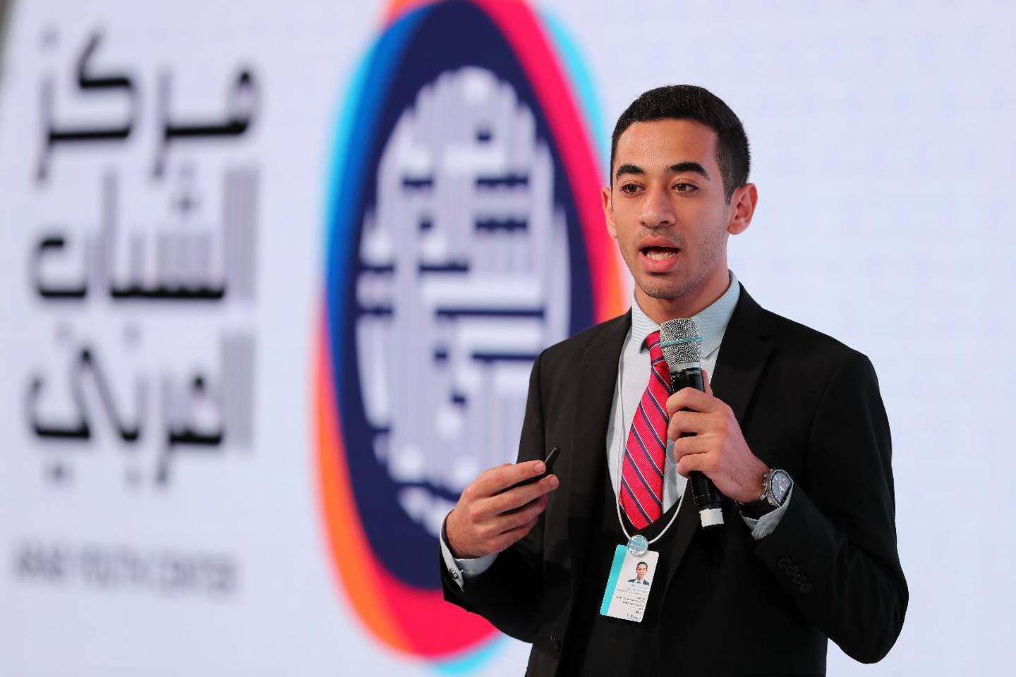 A young Arab entrepreneur pitches his idea for solving problems of youth unemployment. Chris Whiteoak / The National