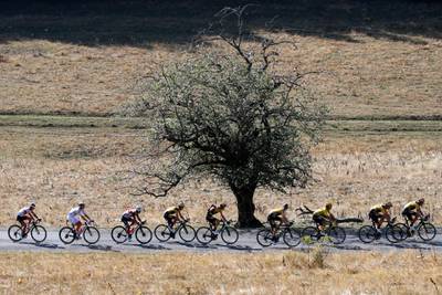 Race leader Primoz Roglic, third from the right, rides with the peloton wearing the yellow jersey. AP