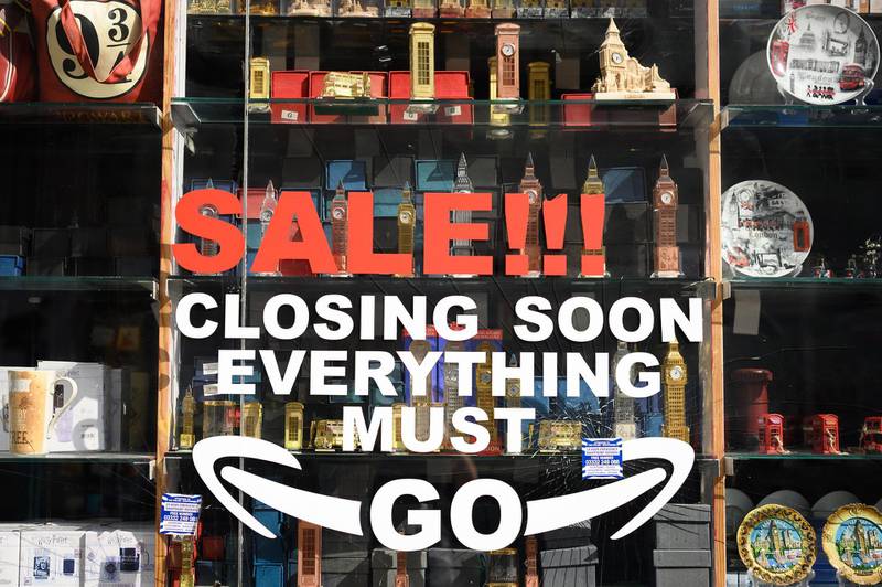 LONDON, ENGLAND - MAY 28: A souvenir shop displays signs announcing it's imminent closure, on May 28, 2021 in London, England. Despite lockdown restrictions continuing to ease, many businesses have struggled to recover from the economic impact that COVID-19 had on customer footfall. (Photo by Leon Neal/Getty Images)