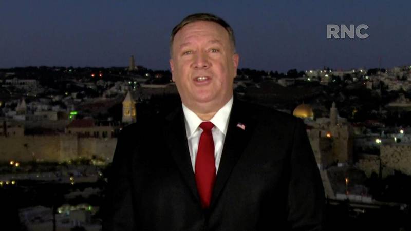US Secretary of State Mike Pompeo speaks by video feed from Jerusalem Reuters