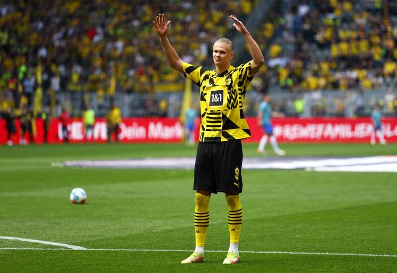 Borussia Dortmund's Norwegian forward Erling Haaland waves farewell to the fans before his final home and departure for Manchester City game against Hertha Berlin on May 14, 2022. Getty
