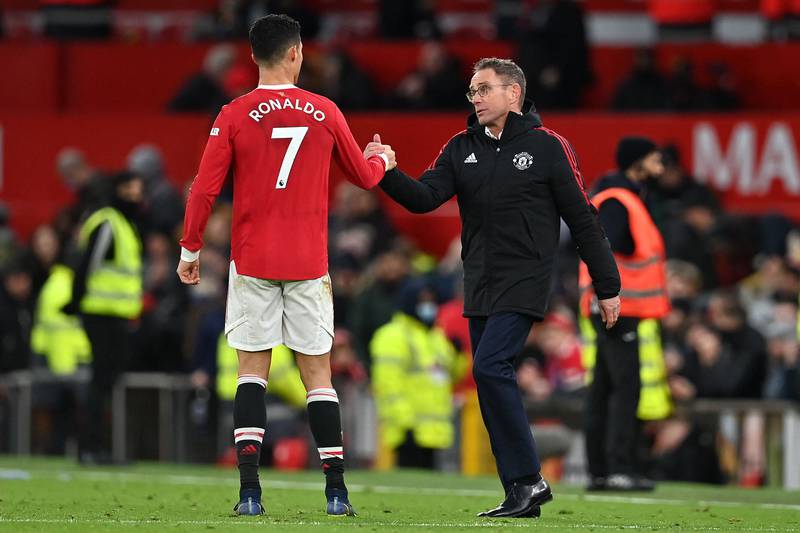 Cristiano Ronaldo and Ralf Rangnick shake hands after the match against Crystal Palace at Old Trafford. AFP