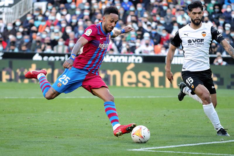 Barcelona striker Pierre-Emerick Aubameyang shoots at goal. AFP