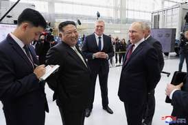 In this photo provided by the North Korean government, Kim Jong-un and Vladimir Putin visit the Vostochny cosmodrome outside the Russian city of Tsiolkovsky on Wednesday. AP Photo