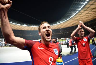 BERLIN, GERMANY - MARCH 26:  Harry Kane of England celebrates his team's 3-2 win after the International Friendly match between Germany and England at Olympiastadion on March 26, 2016 in Berlin, Germany.  (Photo by Stuart Franklin/Bongarts/Getty Images)