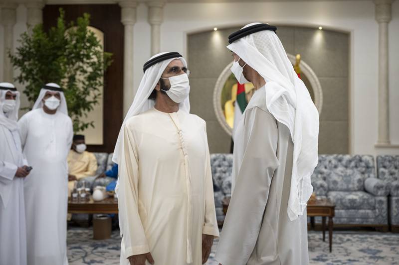 The President, Sheikh Mohamed, and Sheikh Mohammed bin Rashid, Vice President and Ruler of Dubai, receive condolences for Sheikh Khalifa at Mushrif Palace. All photos: Ministry of Presidential Affairs