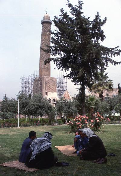 JE1BMD leaning minaret of Great Nuriya Mosque of Mosul recently destroyed by ISIS in Mosul Northern Iraq. Image shot 1978. Exact date unknown. Alamy