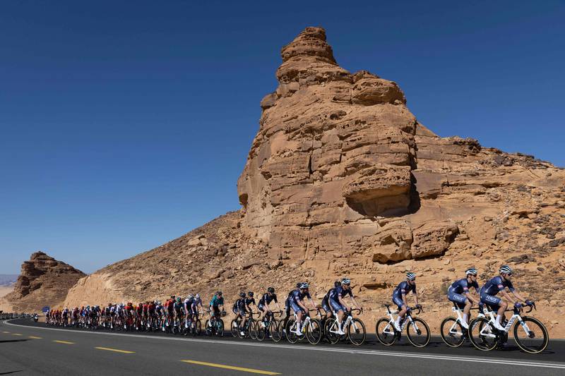 The peloton rides during the first stage of the Saudi Tour 