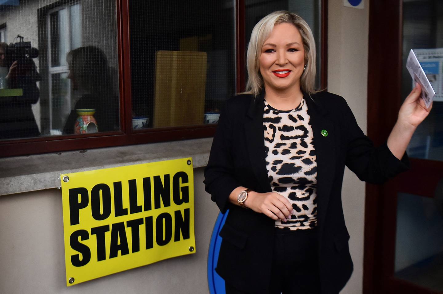 Sinn Fein’s Stormont leader Michelle O’Neill attends to vote on the day of the Northern Ireland Assembly elections, at a polling station in Coalisland, Northern Ireland, on May 5. Reuters