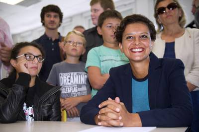 French minister of education Najat Vallaud-Belkacem, right, with students at the Jean Rostand high school in Le Cateau Cambresis. Francois Lo Presti / AFP

