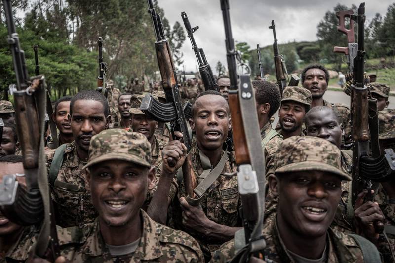 Ethiopian National Defence Forces soldiers shout slogans after finishing their training outside Gondar, Ethiopia. AFP