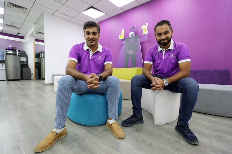 Founder of Fixerman Jassim Bangara, right, with co-founder Prathwiraj Kookkal in Business Bay, Dubai. Chris Whiteoak/ The National