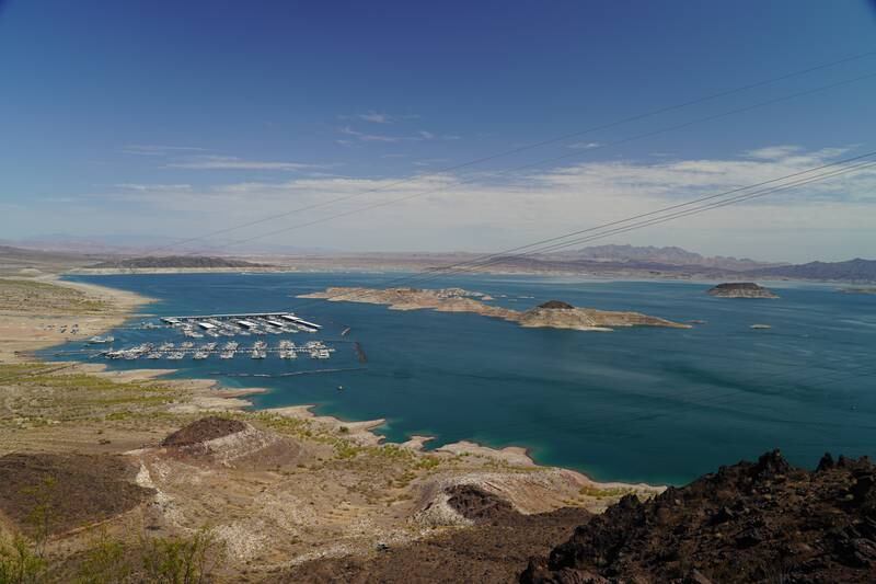A wide shot Lake Mead and the Las Vegas Marina reveals how low the water levels are this year.