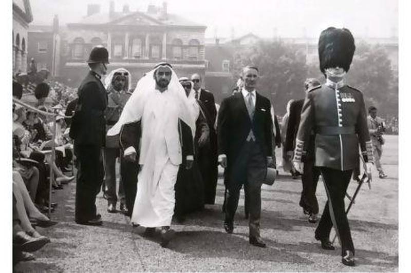 Sheikh Zayed is escorted to his seat for Trooping the Colour in London in 1969. AP Photo