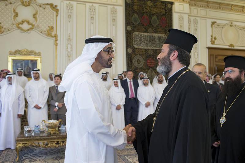 Sheikh Mohammed greets a member from the delegation of the Greek Orthodox Patriarc