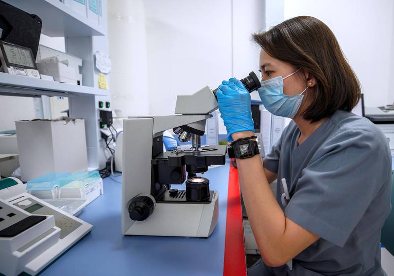 Abu Dhabi, United Arab Emirates, June 14, 2020.    A lab technician performs microscopy at the Abu Dhabi Stem Cell Centre.Victor Besa  / The NationalSection:  NAReporter:  Daniel Bardsley