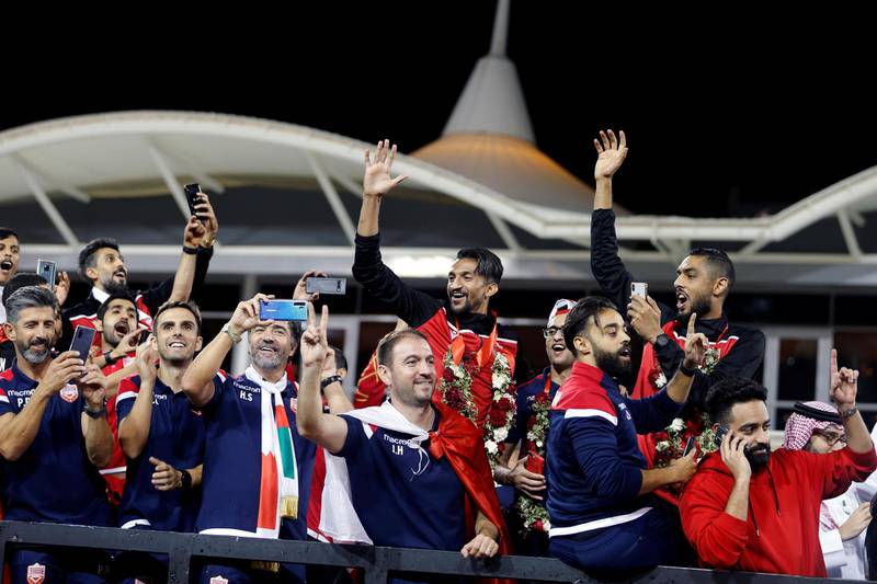 Bahrain National Team arrives to celebrate their victory at the the Gulf Cup, at Bahrain International Circuit in Sakhir, Bahrain. REUTERS