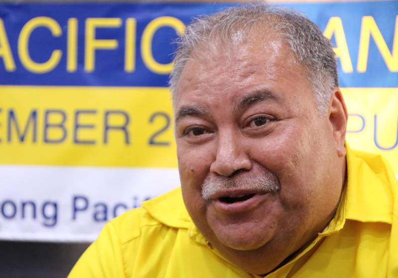 Nauru's President Baron Waqa attends a press conference after the Small Island States meeting in Aiwo on September 3, 2018, ahead of the start of the Pacific Islands Forum (PIF). - Official talks at the 18-nation Pacific Islands Forum (PIF) starting on September 3 will centre on the threat climate change poses to island states and China's rising influence in the region. (Photo by Mike LEYRAL / AFP)
