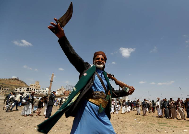A follower of the Shi'ite Houthi movement performs the traditional Baraa dance during a ceremony marking Eid al-Ghadir in Sanaa, Yemen September 9, 2017. The celebration marks al-Ghadir day, a day Shi'ites believe Prophet Muhammad nominated his cousin, Imam Ali, to be his successor. REUTERS/Khaled Abdullah