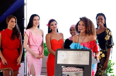 Miss World Bahamas, Sienna Evans, speaks with her companions Miss France, April Benayoum, Miss Japan, Tamaki Hoshi, Miss Venezuela, Alejandra Conde, Miss Somalia, Khadija Omar and Miss Cameroon, Audrey Nabila.