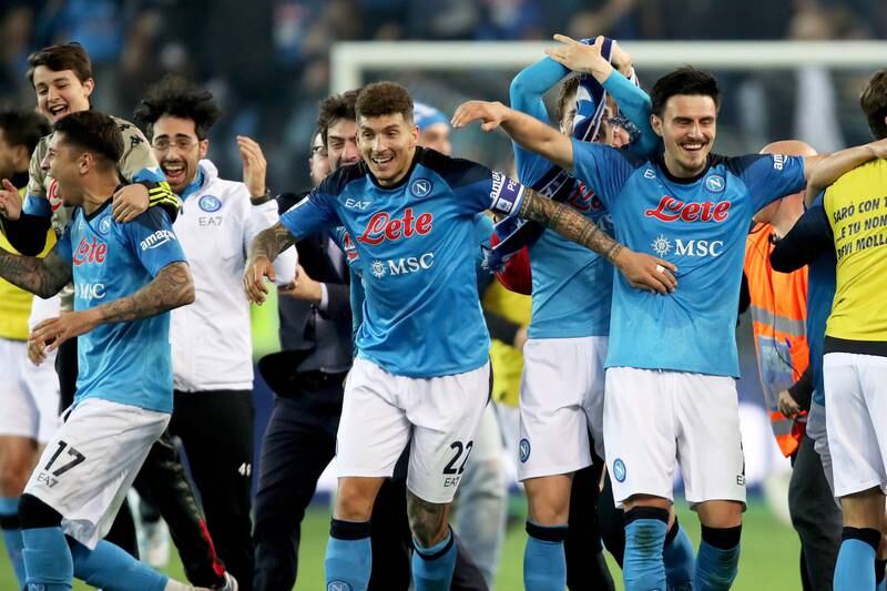 SSC Napoli player celebrate following the Italian Serie A soccer match Udinese Calcio vs SSC Napoli at the Friuli - Dacia Arena stadium in Udine, Italy, 04 May 2023.  Napoli sealed their third-ever Serie A championship after a 1-1 draw at Udinese.   EPA / GABRIELE MENIS