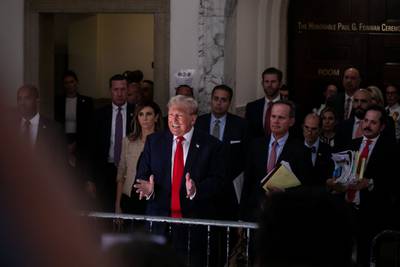 Former president Donald Trump speaks to the media at the New York State Supreme Court. Bloomberg