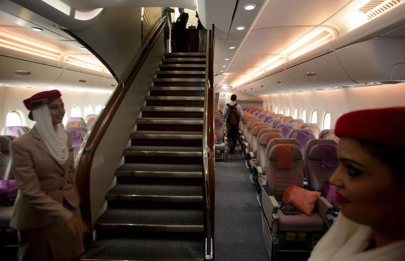 The grand staircase on an Emirates airline Airbus A380. Photo: AP